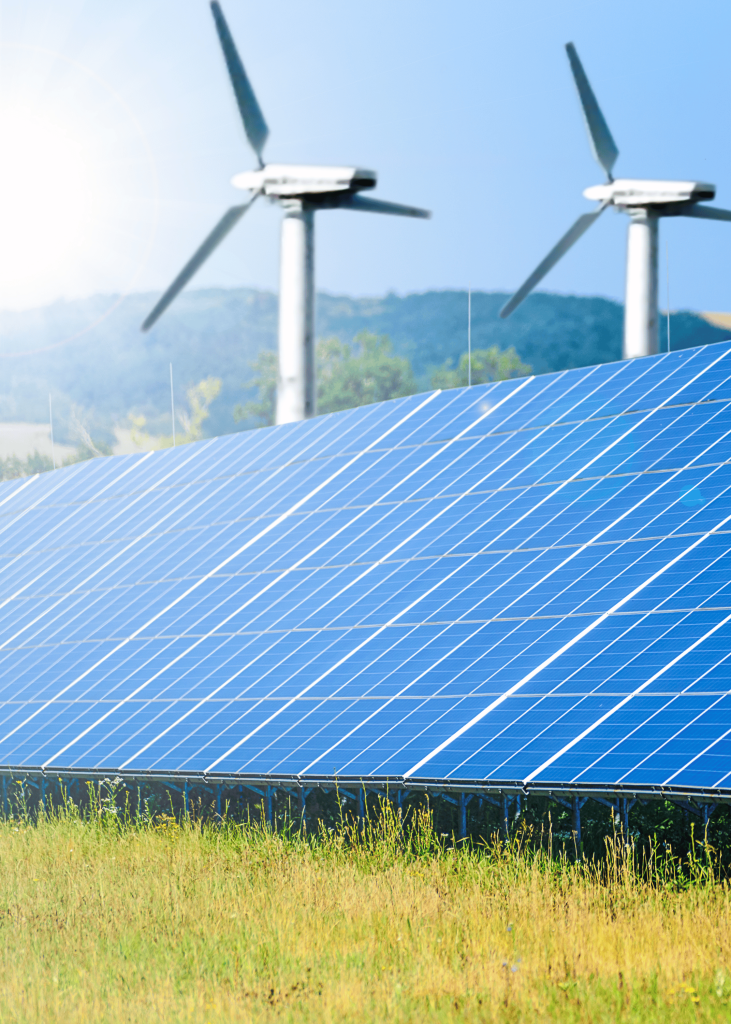 Fontes de energia renovável, eólica e solar.